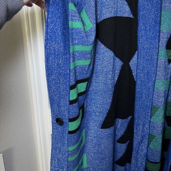 ASHRO Open Shawl Poncho Cardigan Sweater OS Metallic Blue Green Black Tribal - Picture 2 of 8